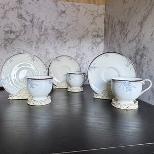 Oscar de la Renta Vintage Blue Floral Bone China Cup and Saucer- Three Sets